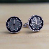 Round Navy Blue Floral enamel Cufflinks showcasing elegant floral design and craftsmanship.