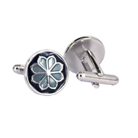 Round Navy Blue Floral enamel Cufflinks with elegant floral design on a navy blue background.