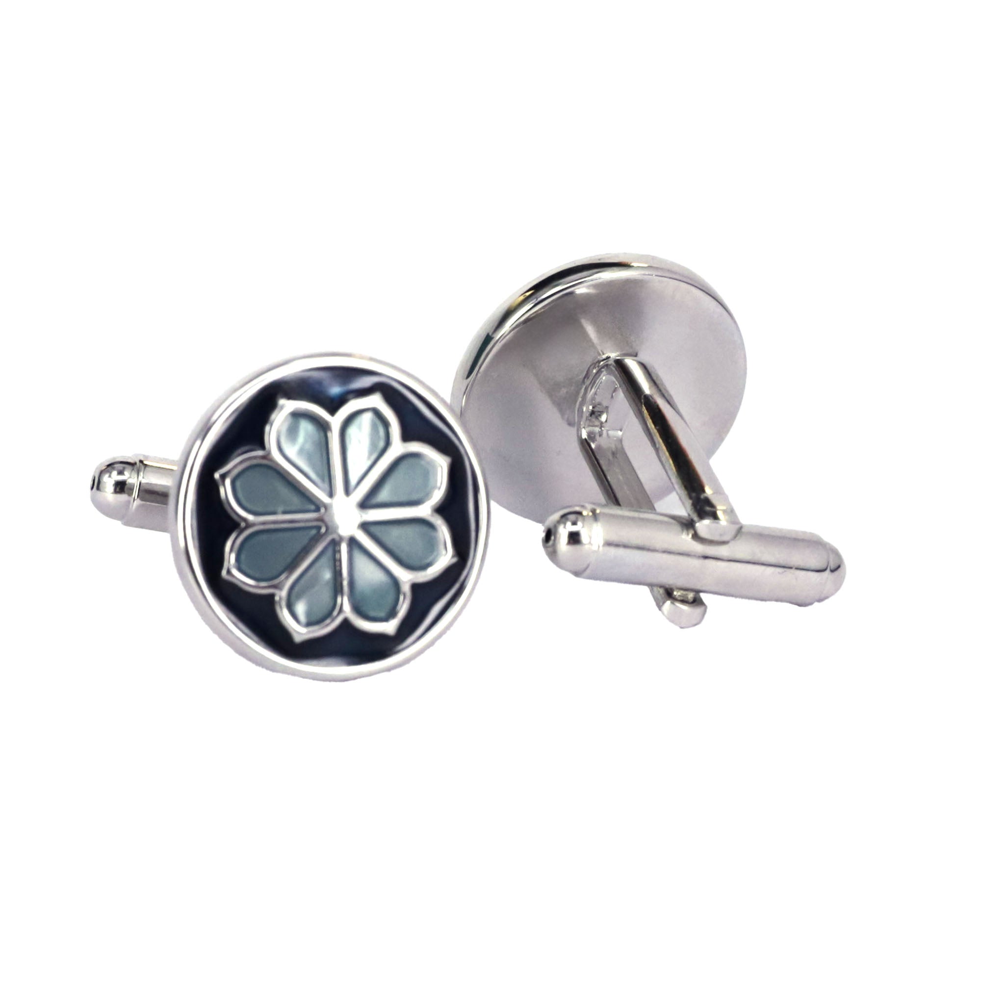 Round Navy Blue Floral enamel Cufflinks with elegant floral design on a navy blue background.