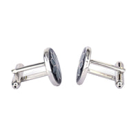 Round Navy Blue Floral enamel Cufflinks featuring a light blue floral design against a navy background.