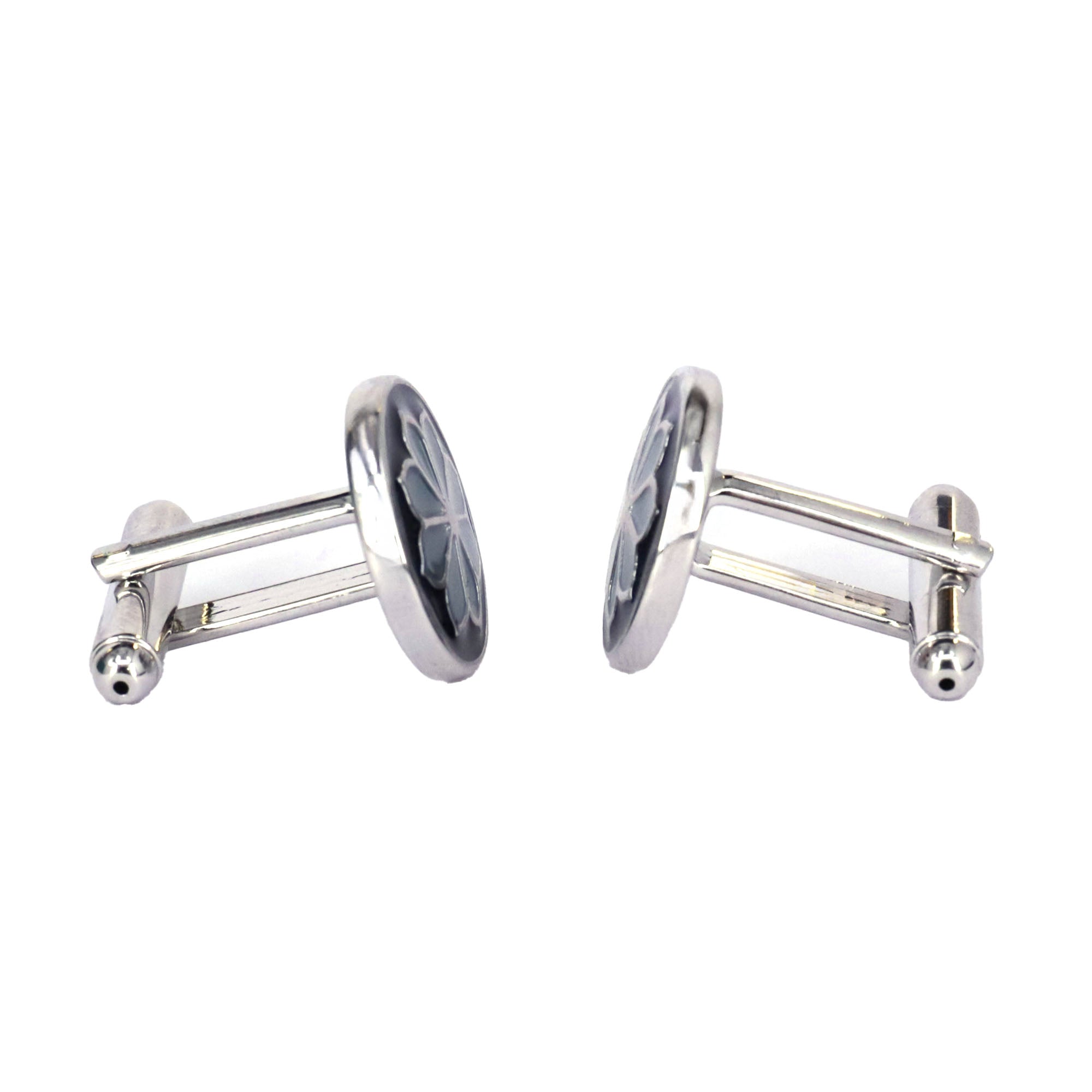 Round Navy Blue Floral enamel Cufflinks featuring a light blue floral design against a navy background.