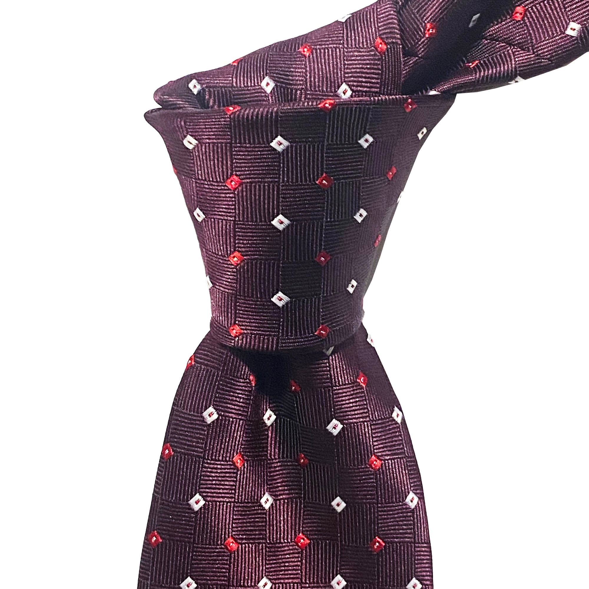 Burgundy small square tie White and Red by Orotie featuring a jacquard pattern and small square accents.