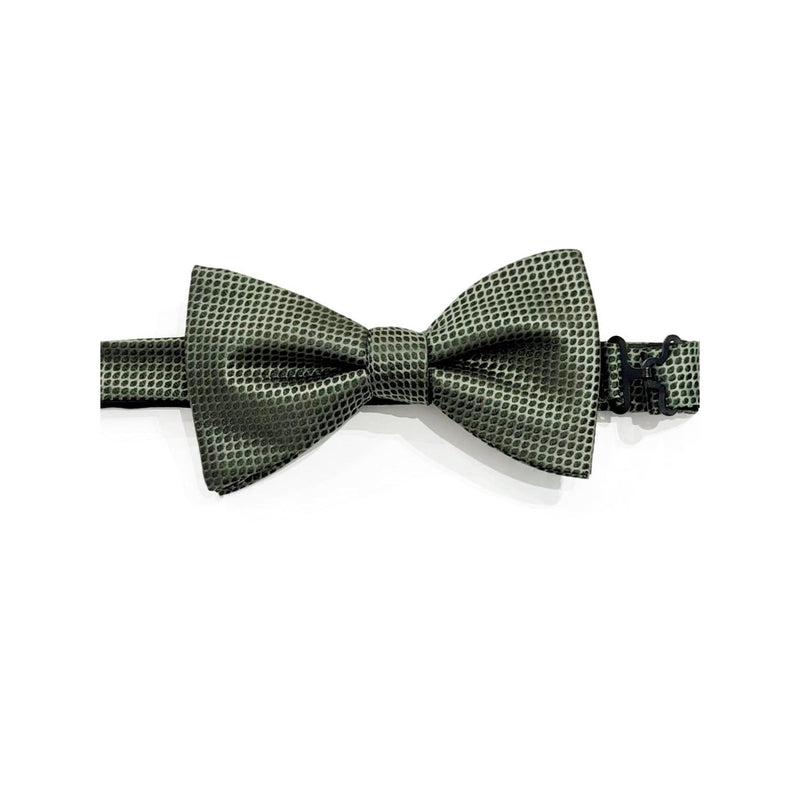 A pre-tied bow tie with a textured, woven geometric pattern in olive green and black, displayed horizontally on a clean white background.
