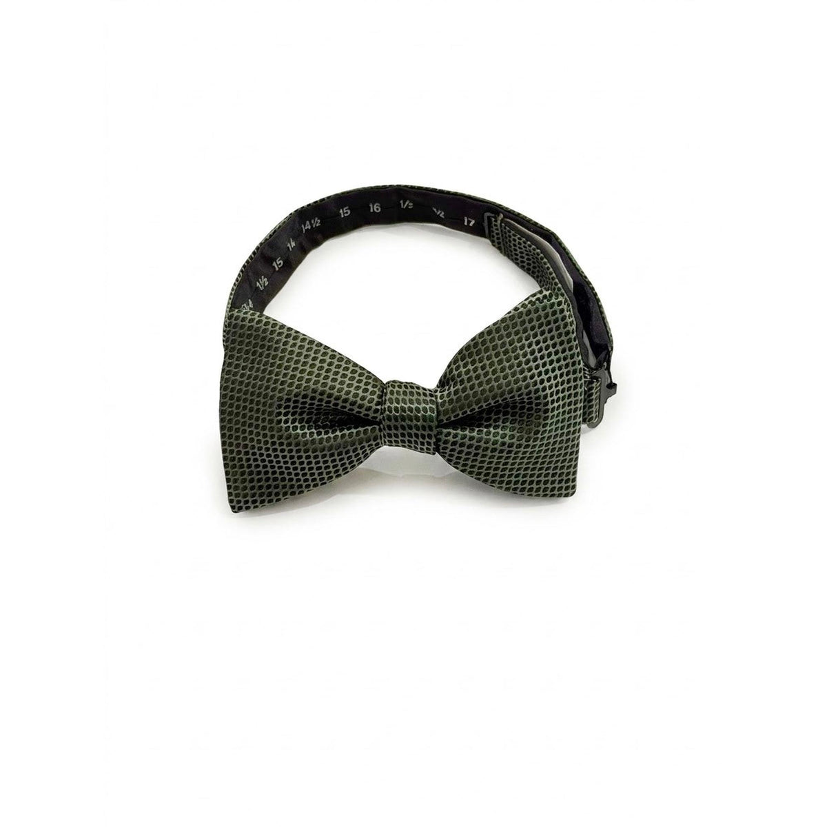 An olive green textured bow tie with a black adjustable strap, displayed on a clean white background.