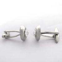 Round Silver One Clear Diamond Crystal Cufflinks