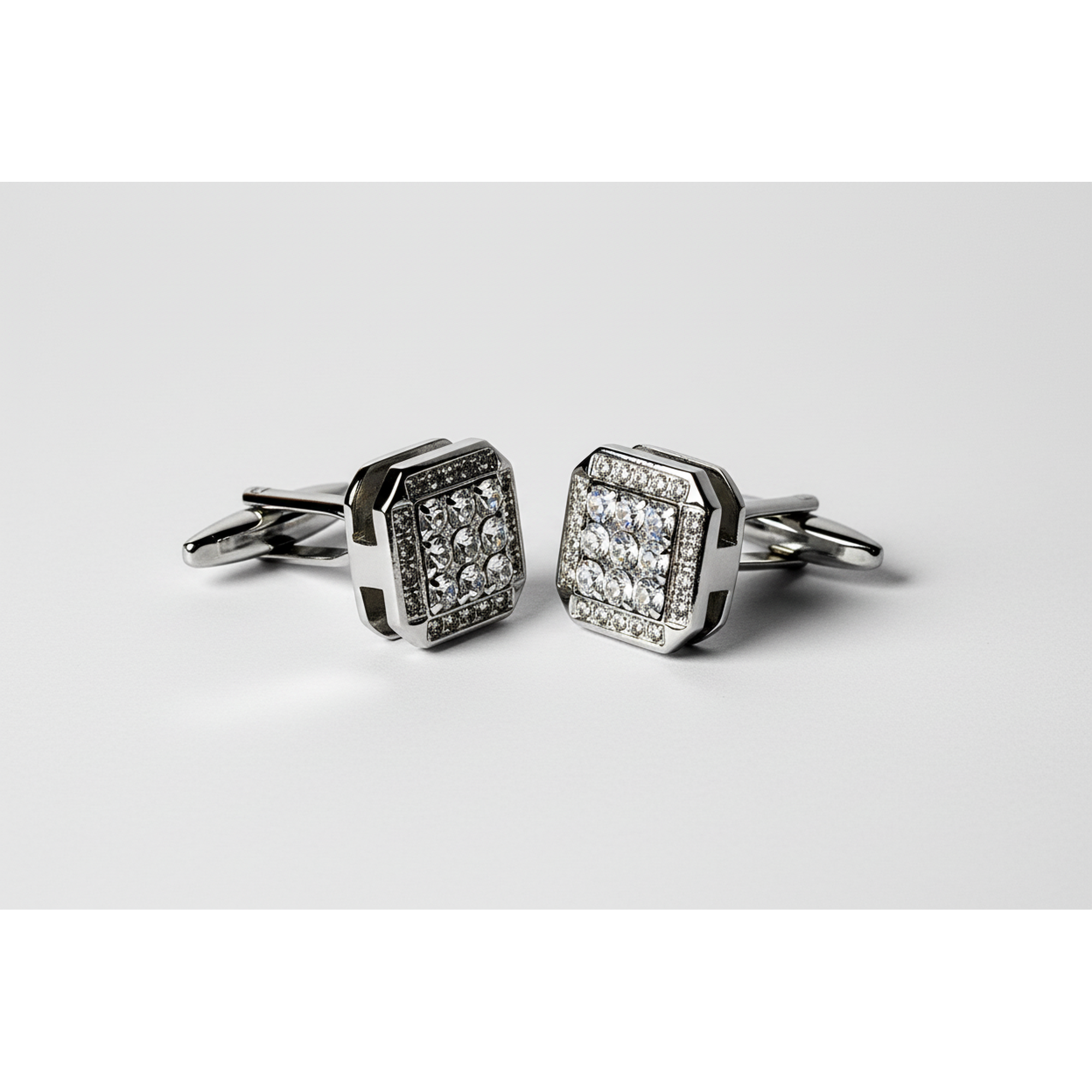 Crystal square silver cufflinks featuring sparkling clear crystals and a sleek design.