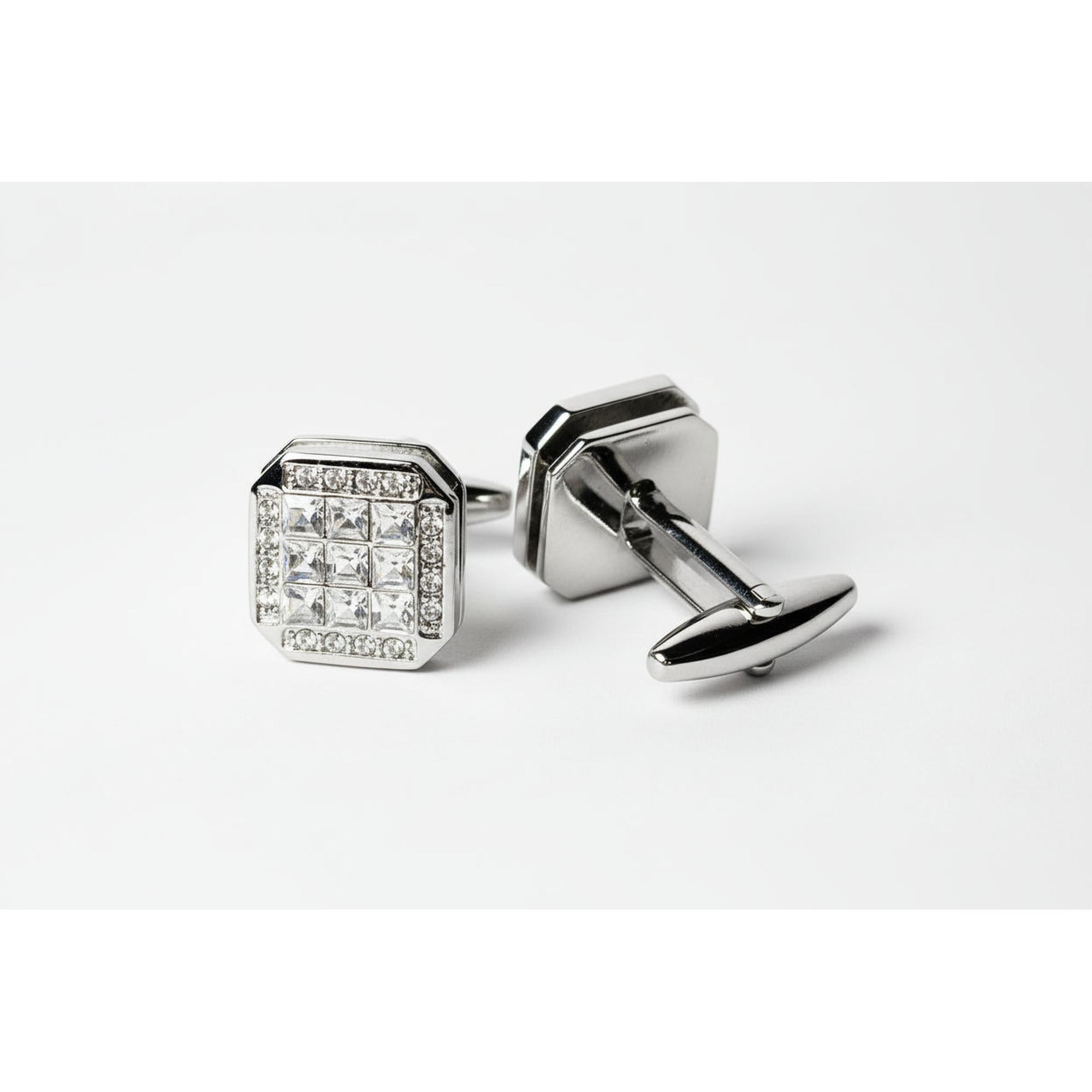 Crystal square silver cufflinks featuring a sparkling crystal design and sleek silver finish.