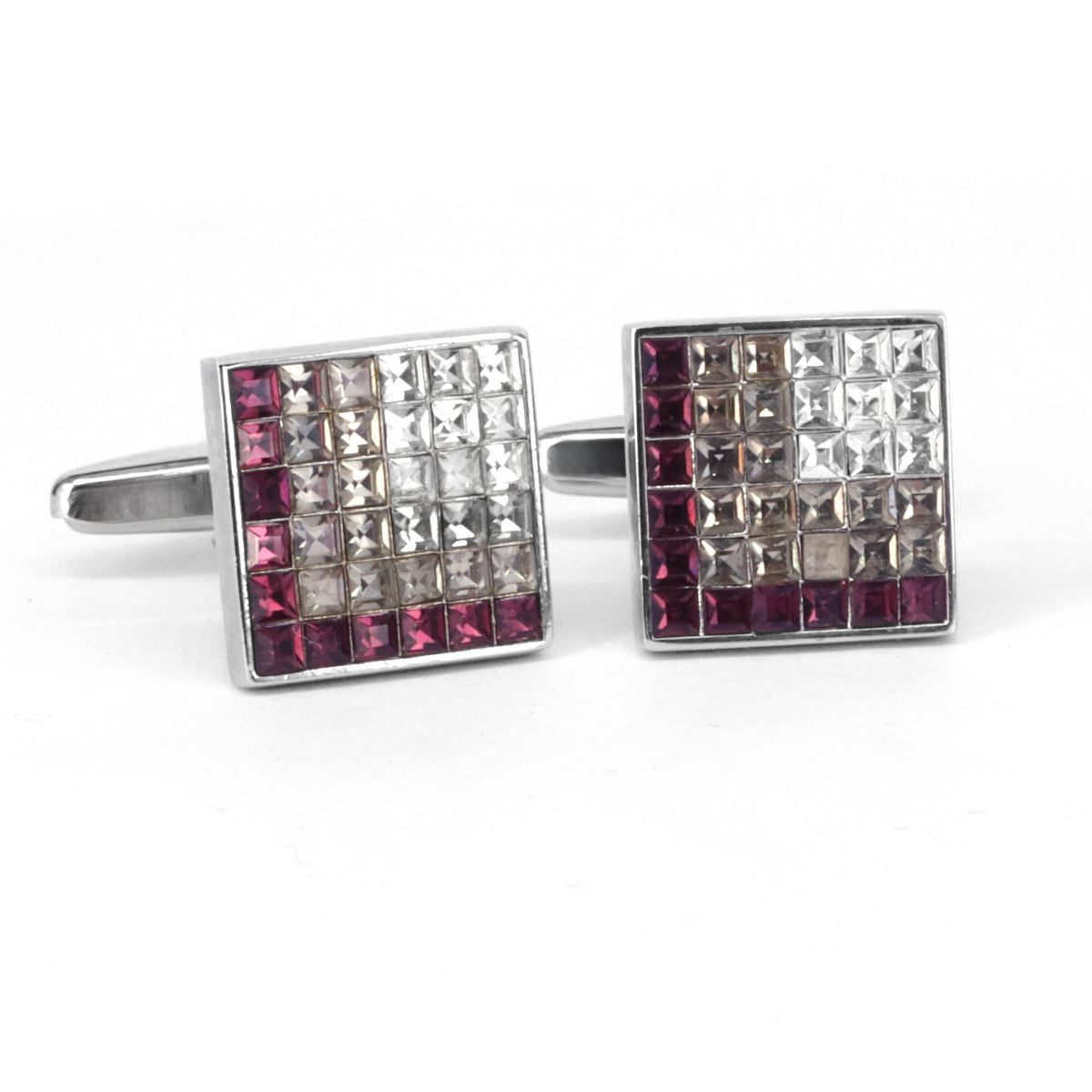 Gradient purple crystal cufflinks featuring square design with light purple and dark purple crystals.