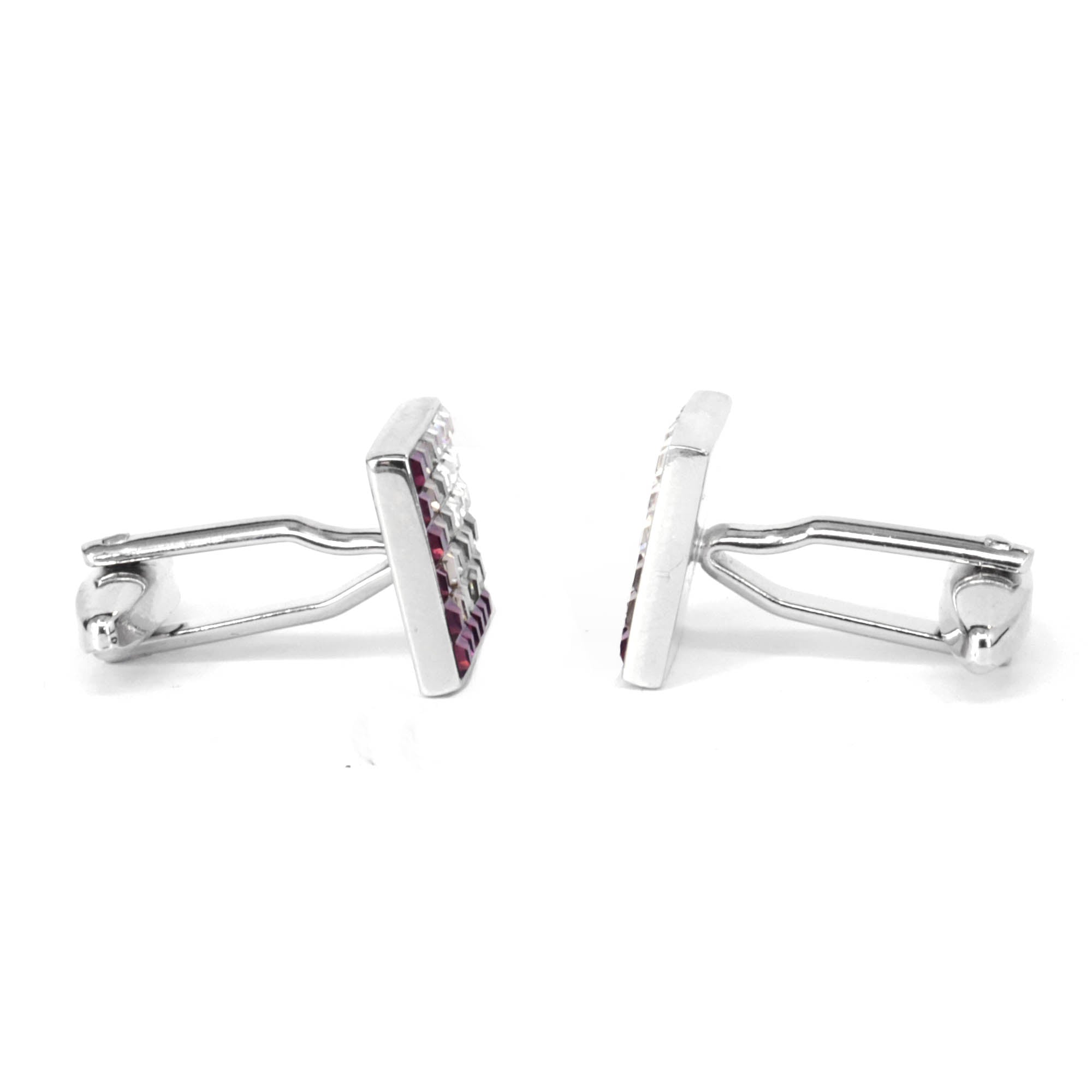 Gradient purple crystal cufflinks showcasing a unique design with sparkling gradient crystals against a silver base.