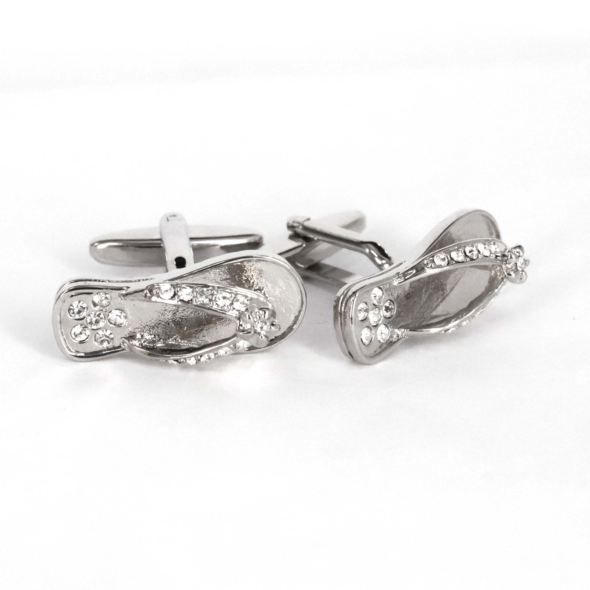 Silver and White Crystal slipper cufflinks showcasing a unique flip-flop design embellished with crystals.