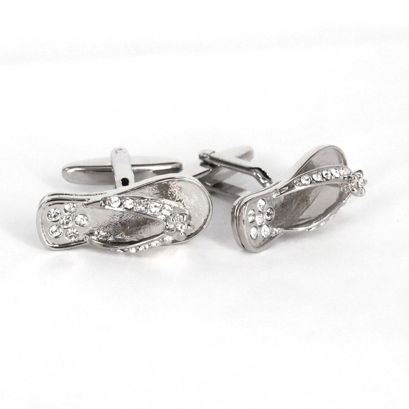 Silver and White Crystal slipper cufflinks showcasing a unique flip-flop design embellished with crystals.