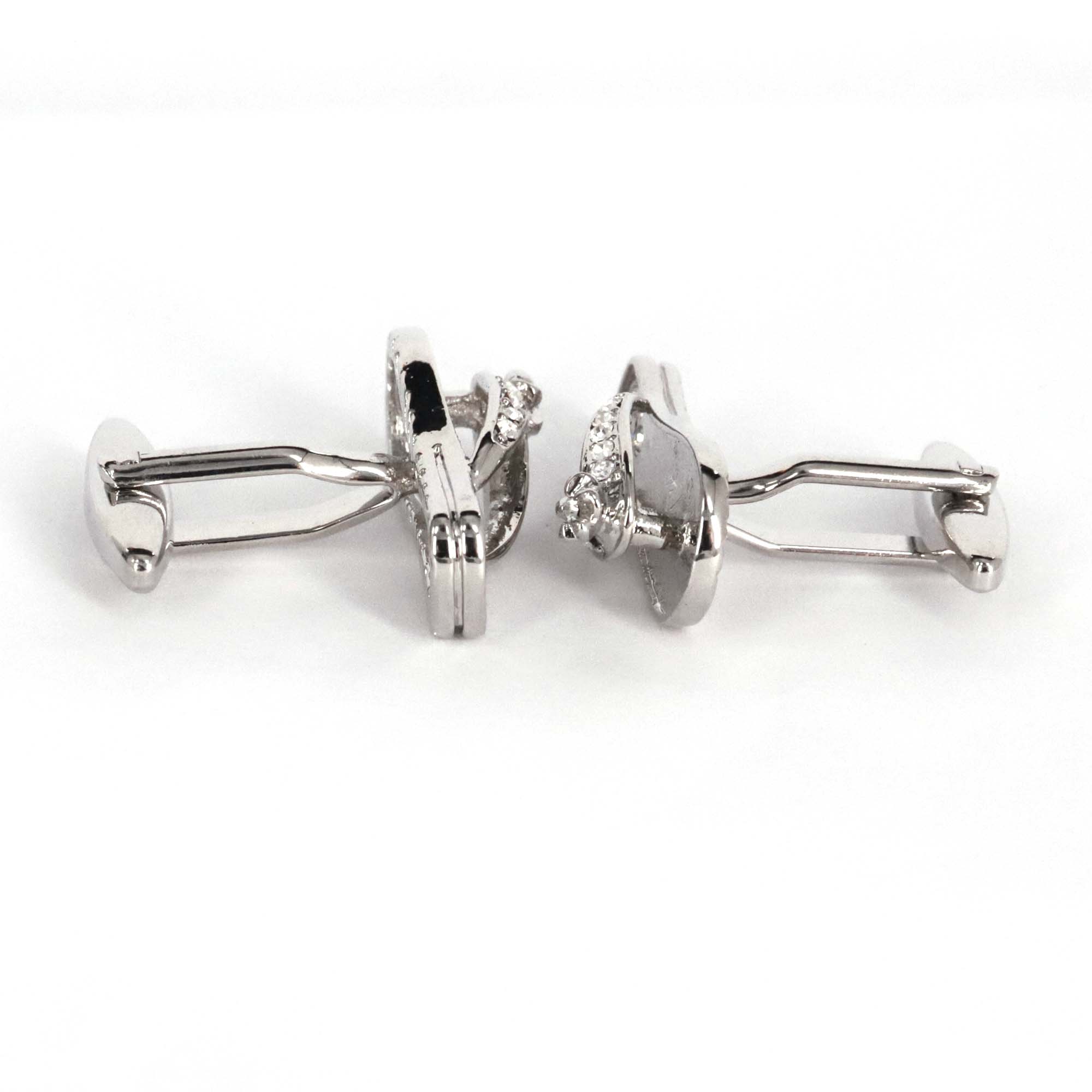 Silver and White Crystal slipper cufflinks showcasing a stylish design with elegant detailing.