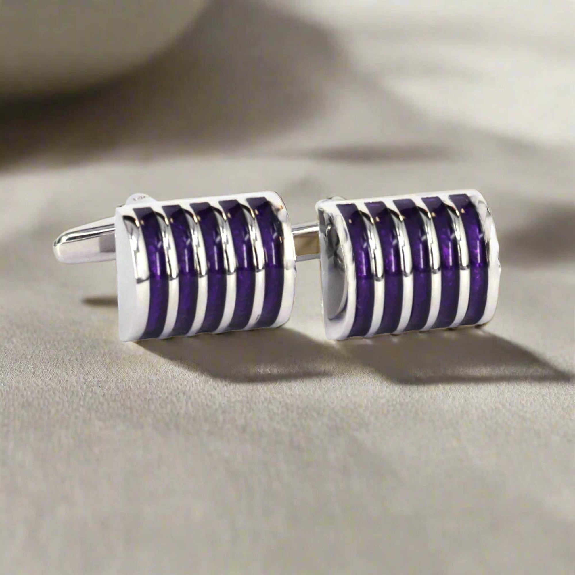 Rectangle Purple Enamel with Blue and silver Stripe Grill Cufflinks (Online Exclusive)