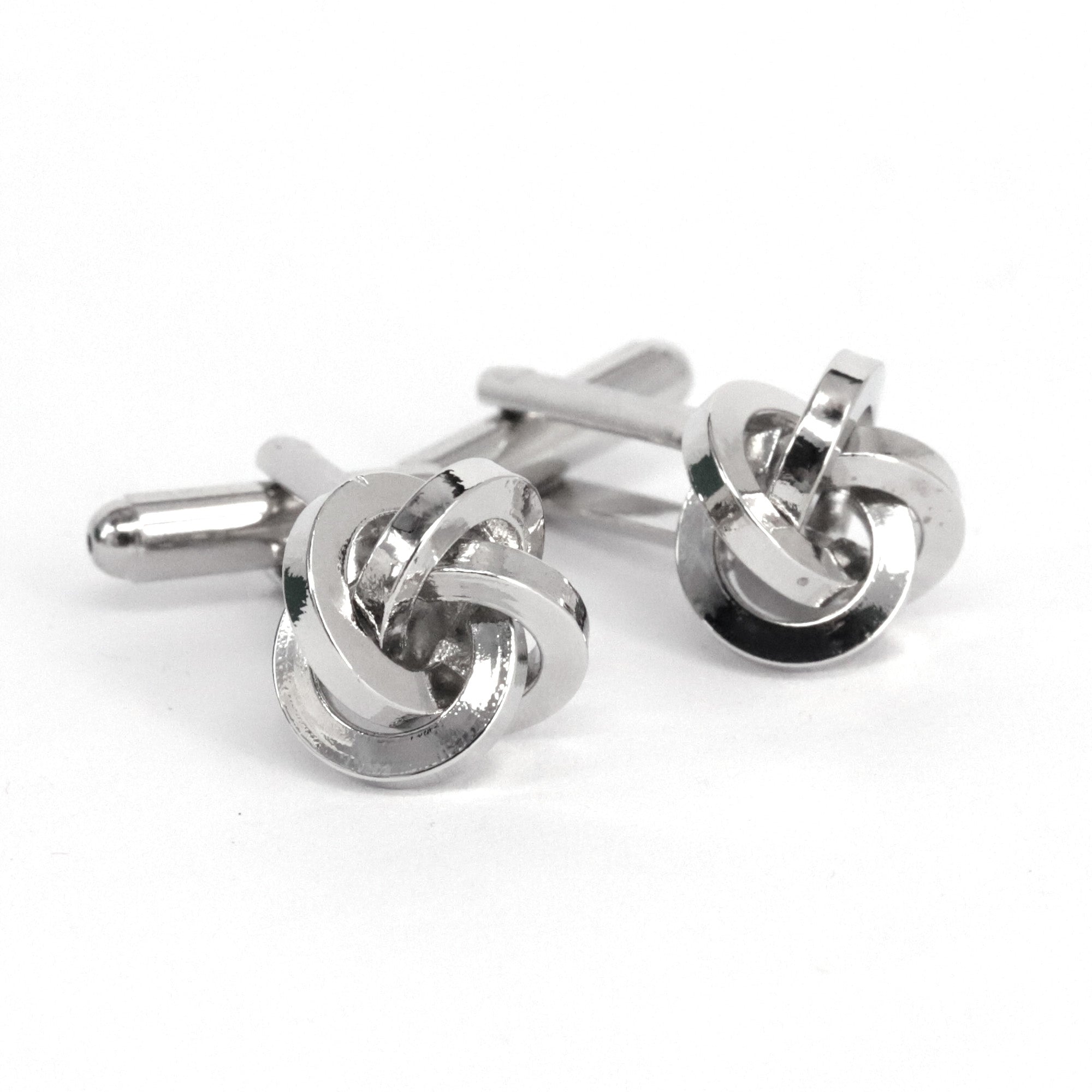 Silver Silk Knot Cufflink, elegant silver-toned brass cufflinks with a silk knot design, perfect for formal attire.