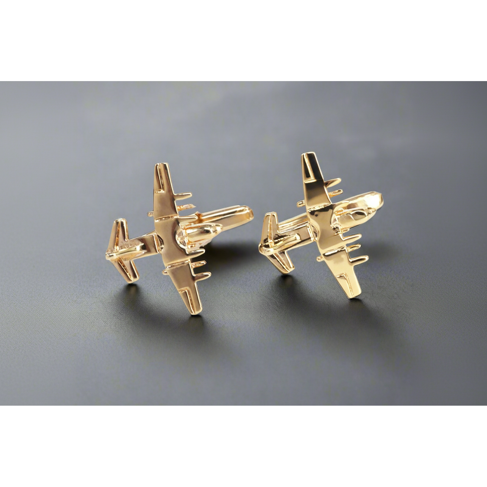 Fighter jet cufflinks in gold, featuring exquisite detail with four propellers, perfect for aviation enthusiasts.