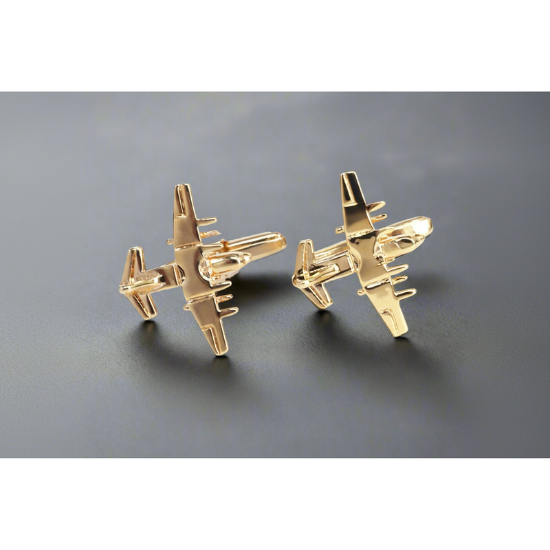 Fighter jet cufflinks in gold, featuring exquisite detail with four propellers, perfect for aviation enthusiasts.
