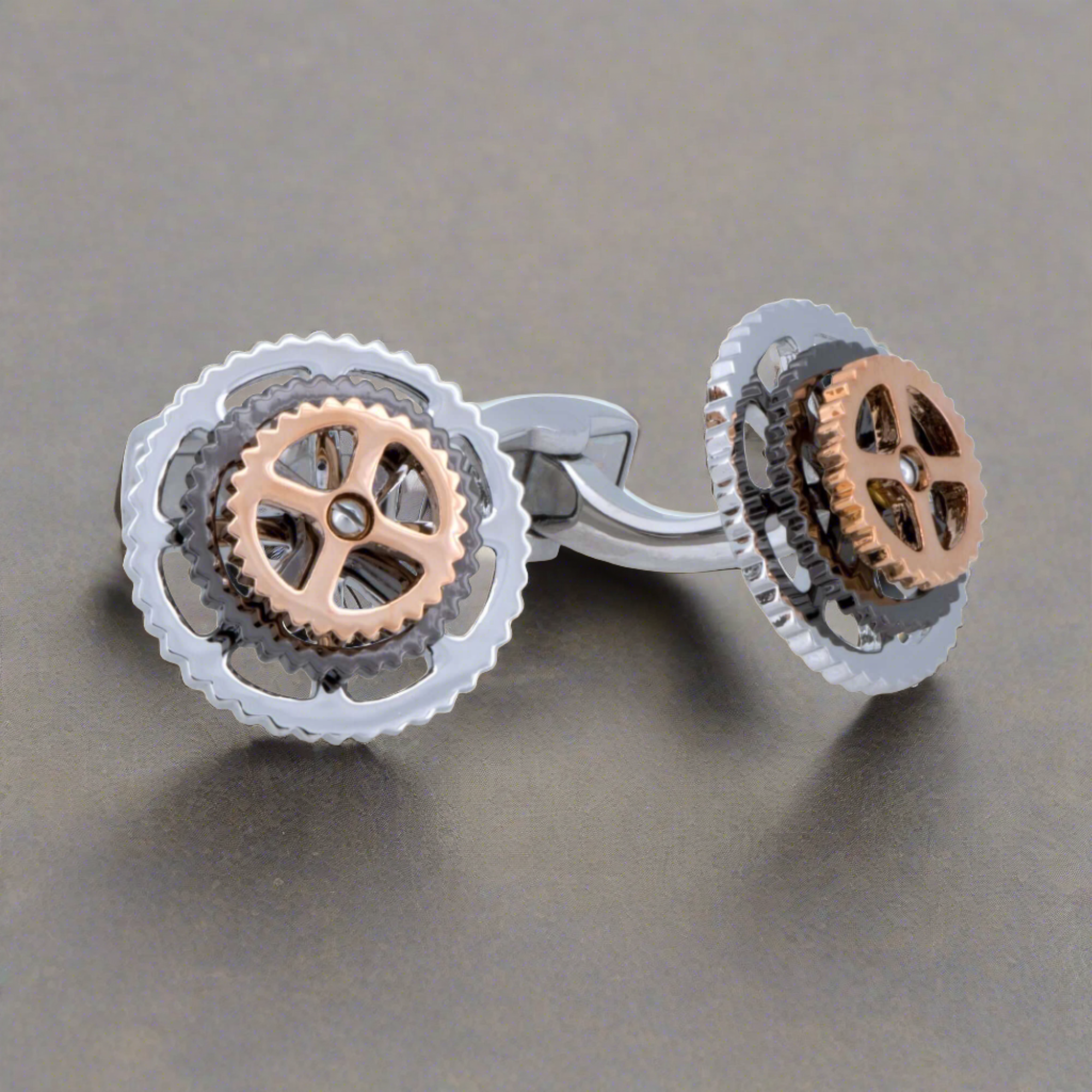 A.Azthom  Rotatable Bike Gear Rhodium Trio Colour Plated Cufflinks - Silver Trio