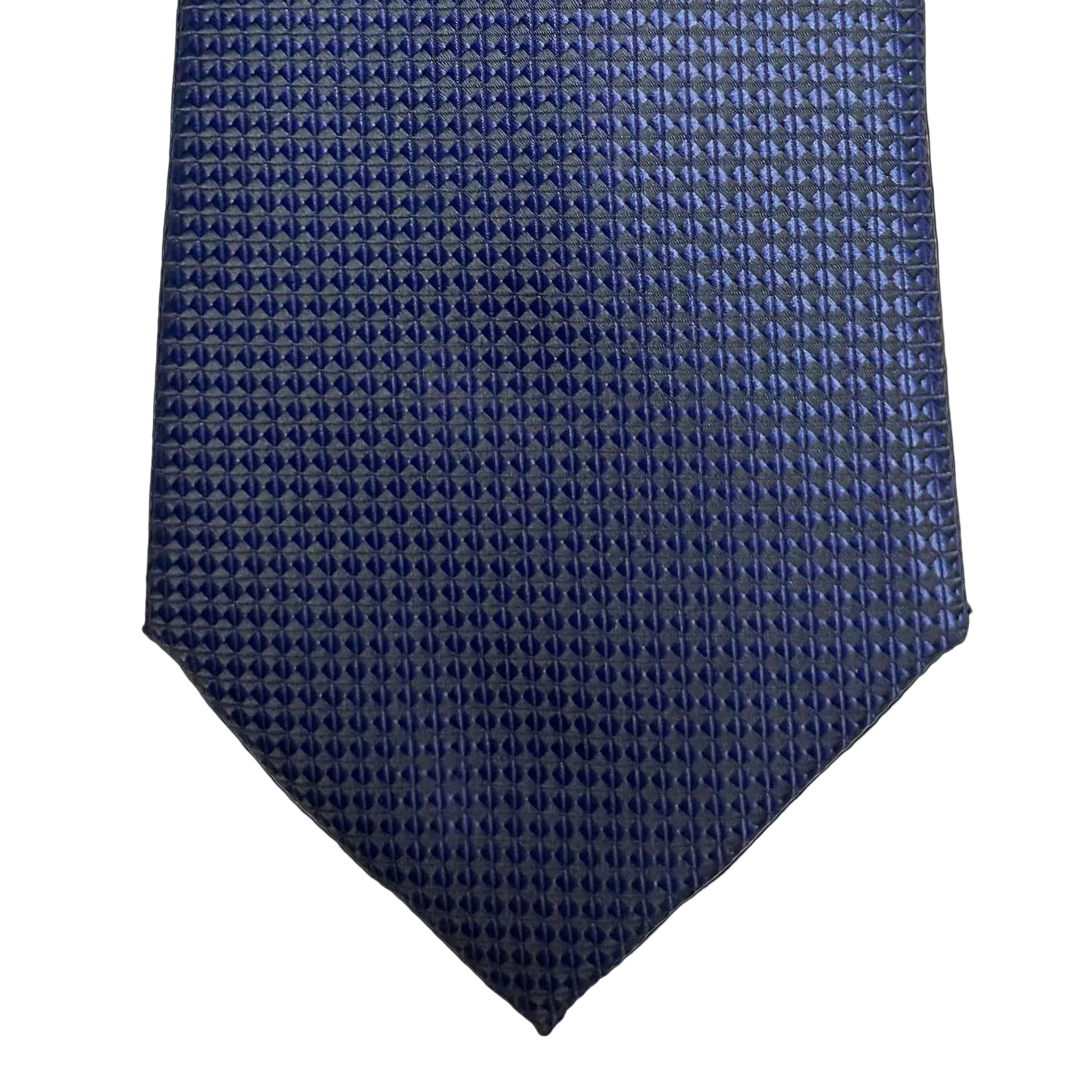 Navy blue tie with a subtle pattern on a white background