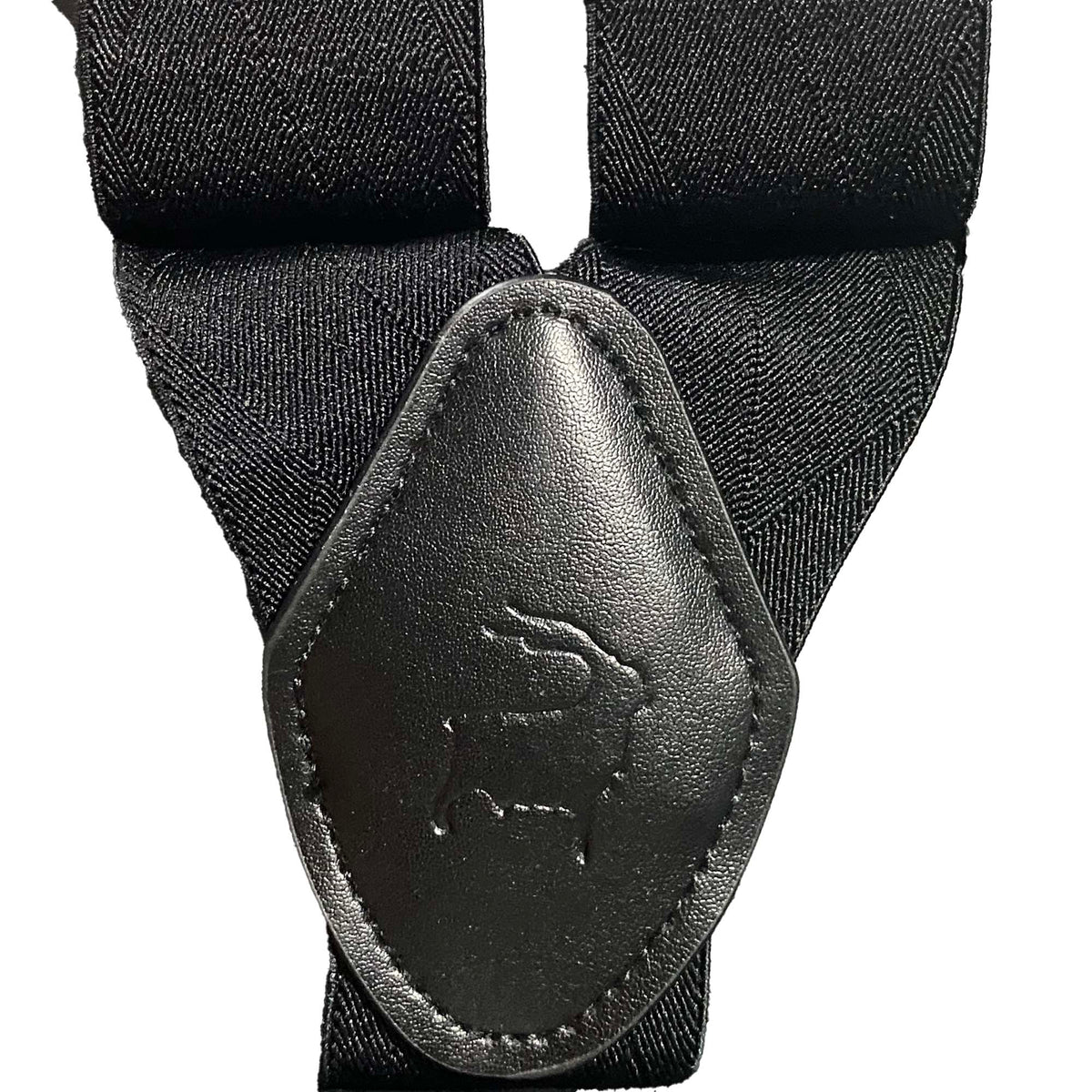 A pair of black Orobianco L'unique suspenders with gray detailing, presented in a black box with the brand's logo on the top.