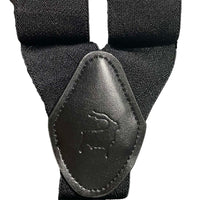 A pair of black Orobianco L'unique suspenders with gray detailing, presented in a black box with the brand's logo on the top.