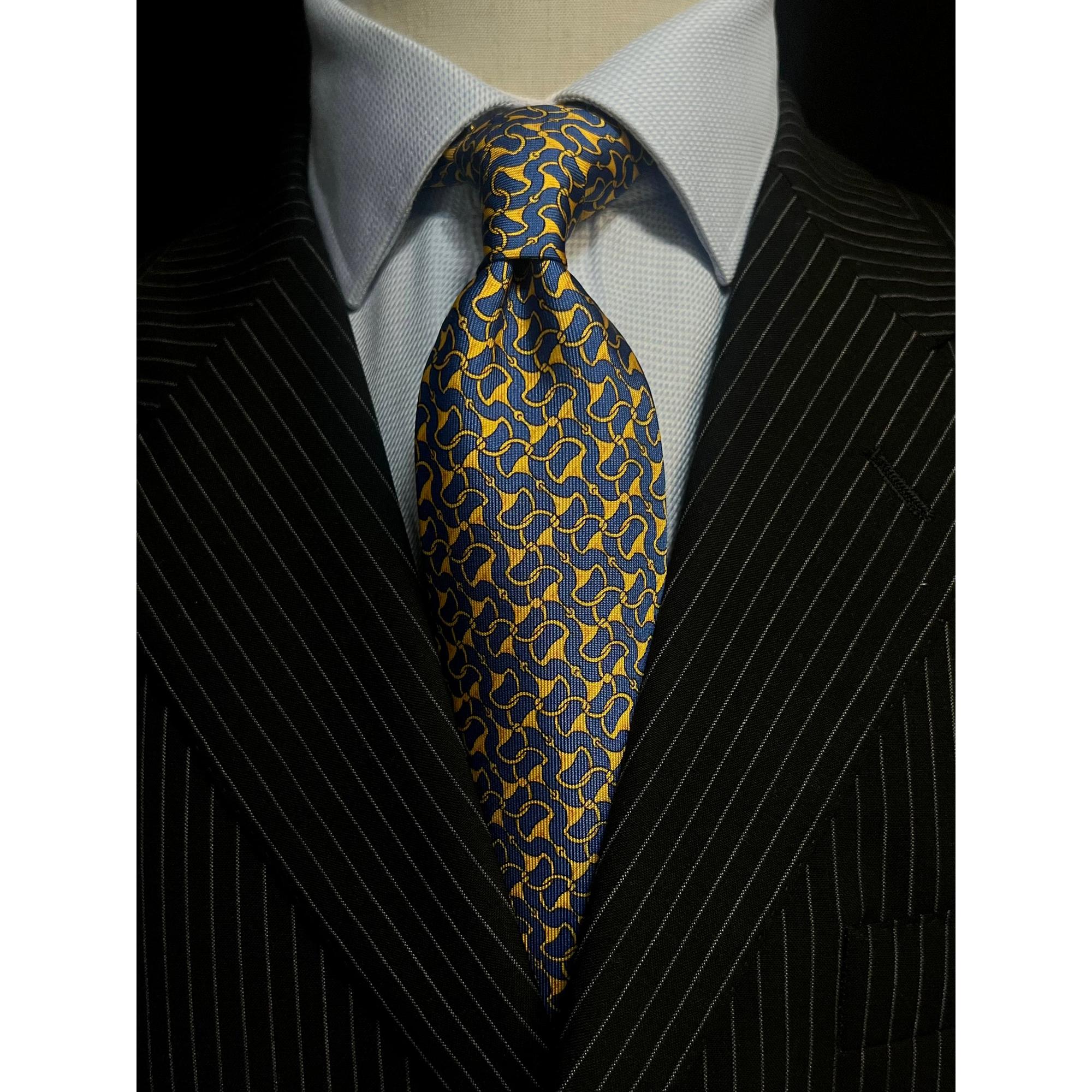 MonsterTie Printed D-Ring Snaffle Navy Gold Necktie