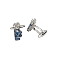 A pair of silver-toned cufflinks shaped like a golf bag with blue and white enamel detailing, displayed on a light gray background.