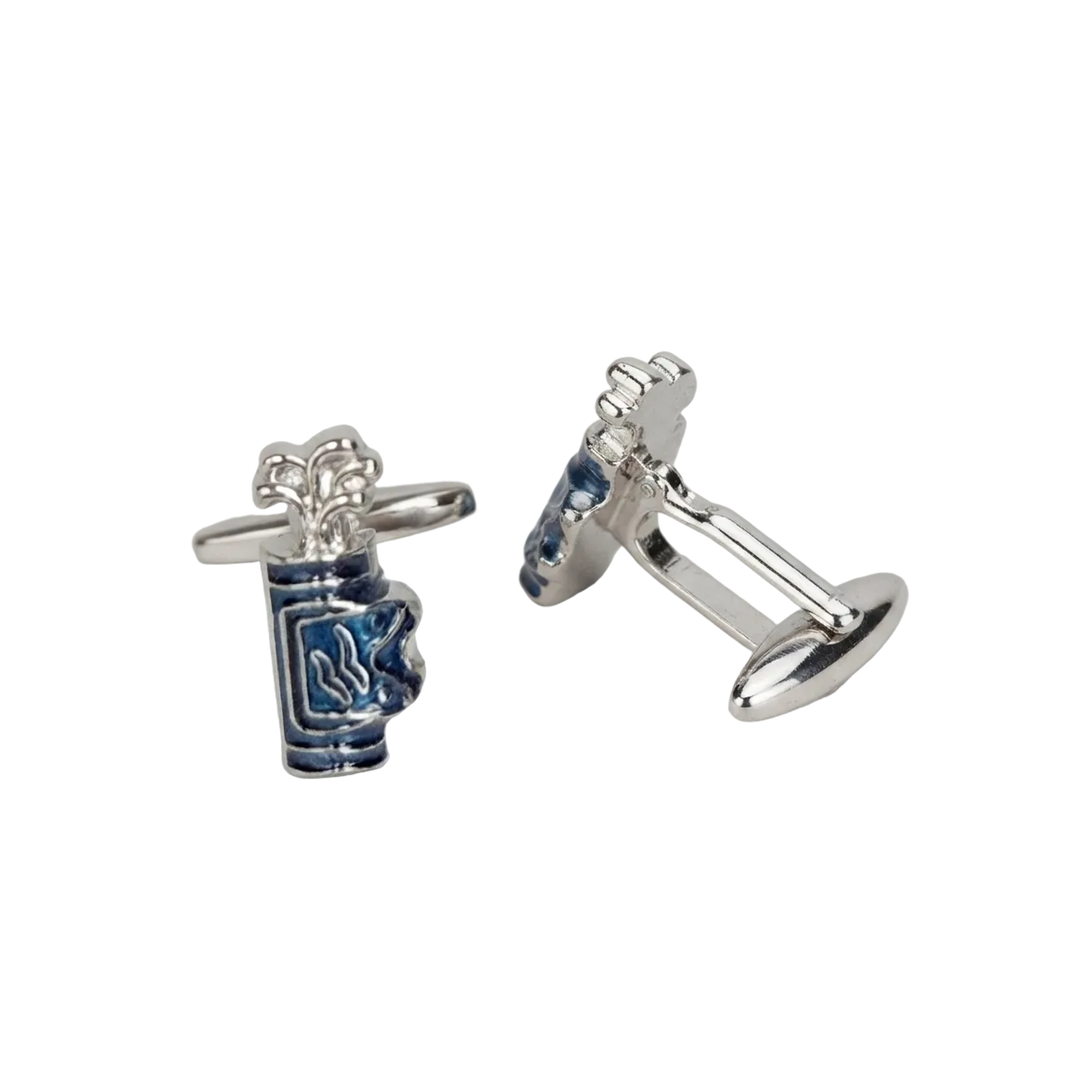 A pair of silver-toned cufflinks shaped like a golf bag with blue and white enamel detailing, displayed on a light gray background.
