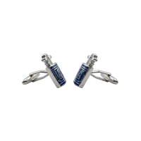 A pair of silver-toned cufflinks with rectangular blue enamel panels featuring white decorative patterns, displayed on a light gray background.