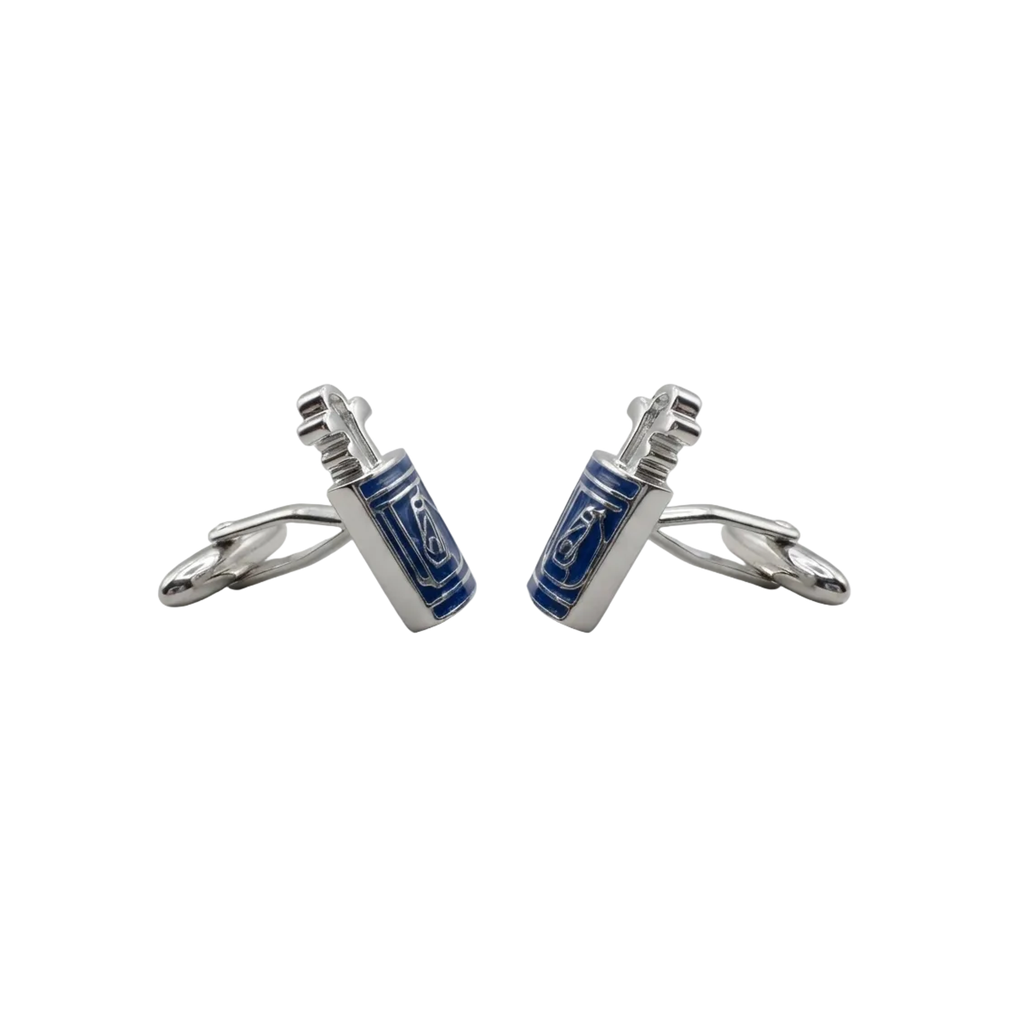 A pair of silver-toned cufflinks with rectangular blue enamel panels featuring white decorative patterns, displayed on a light gray background.