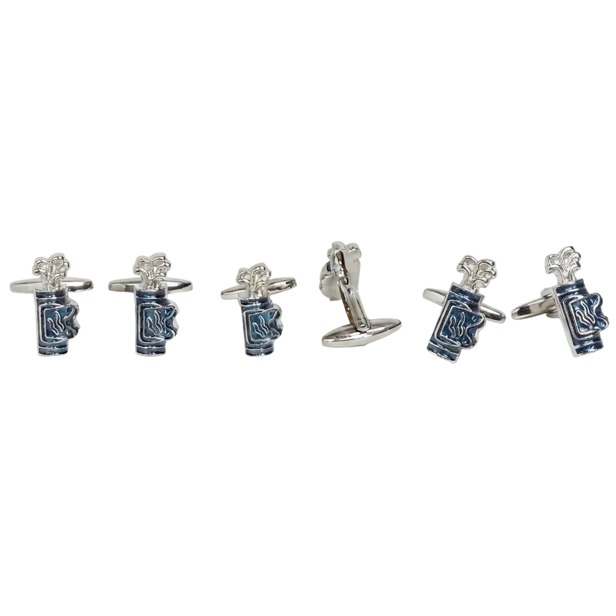 A three-panel product display showing a pair of silver golf enamal cufflinks shaped like blue and white patterned bottles with small silver floral tops, shown from front, side, and back views on a light gray background.