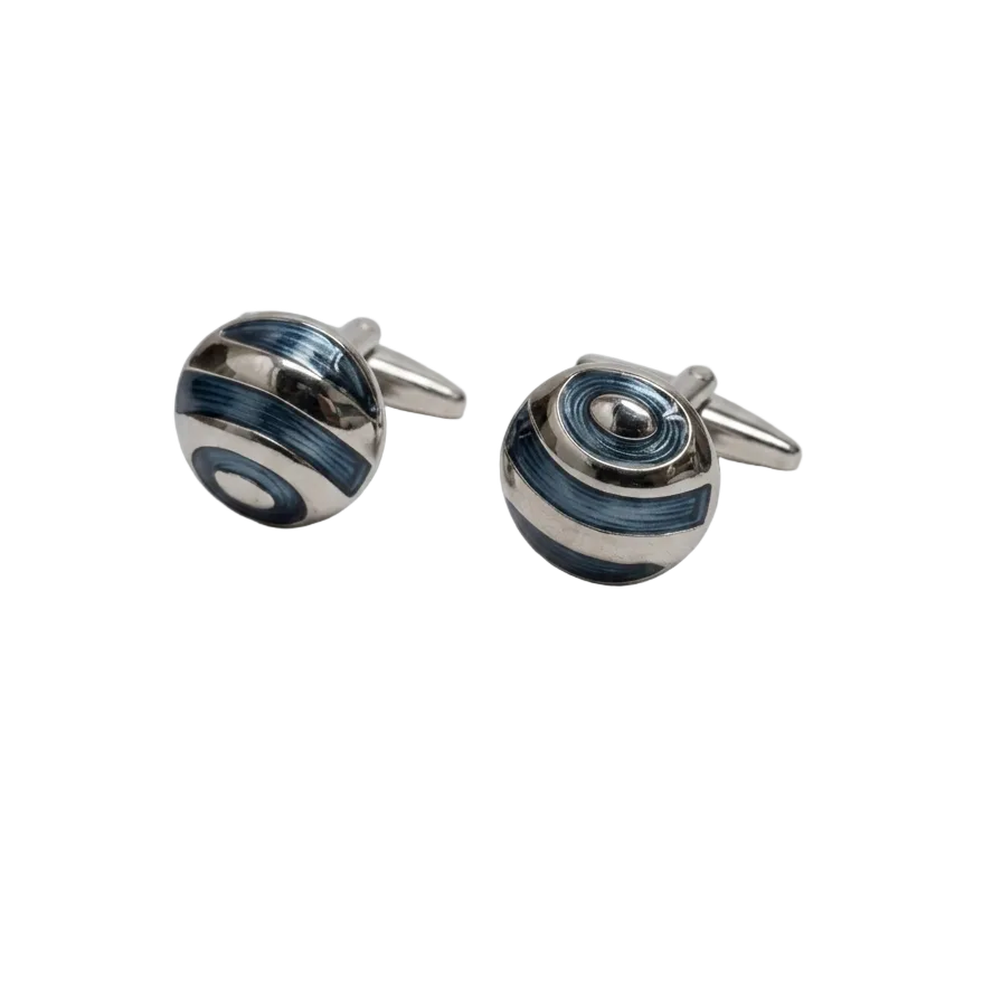 Pair of silver and blue striped cufflinks on a light gray background