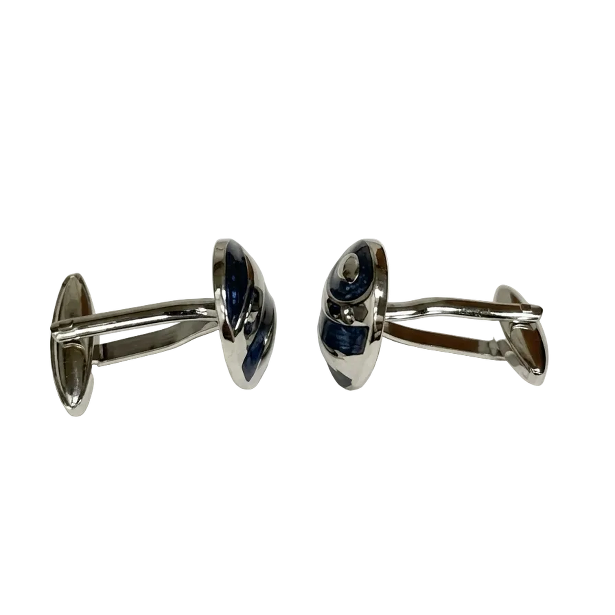 Pair of silver cufflinks on a white background