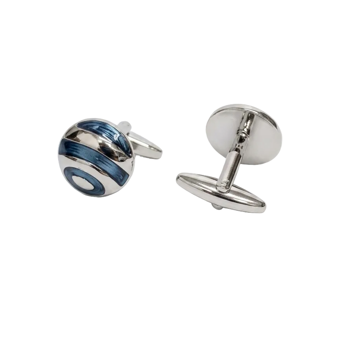 Pair of silver cufflinks with blue accents on a white background