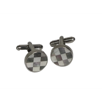 A pair of round silver-toned cufflinks with a checkered pattern in brown, white, and gray mother-of-pearl inlay, displayed on a light gray background.