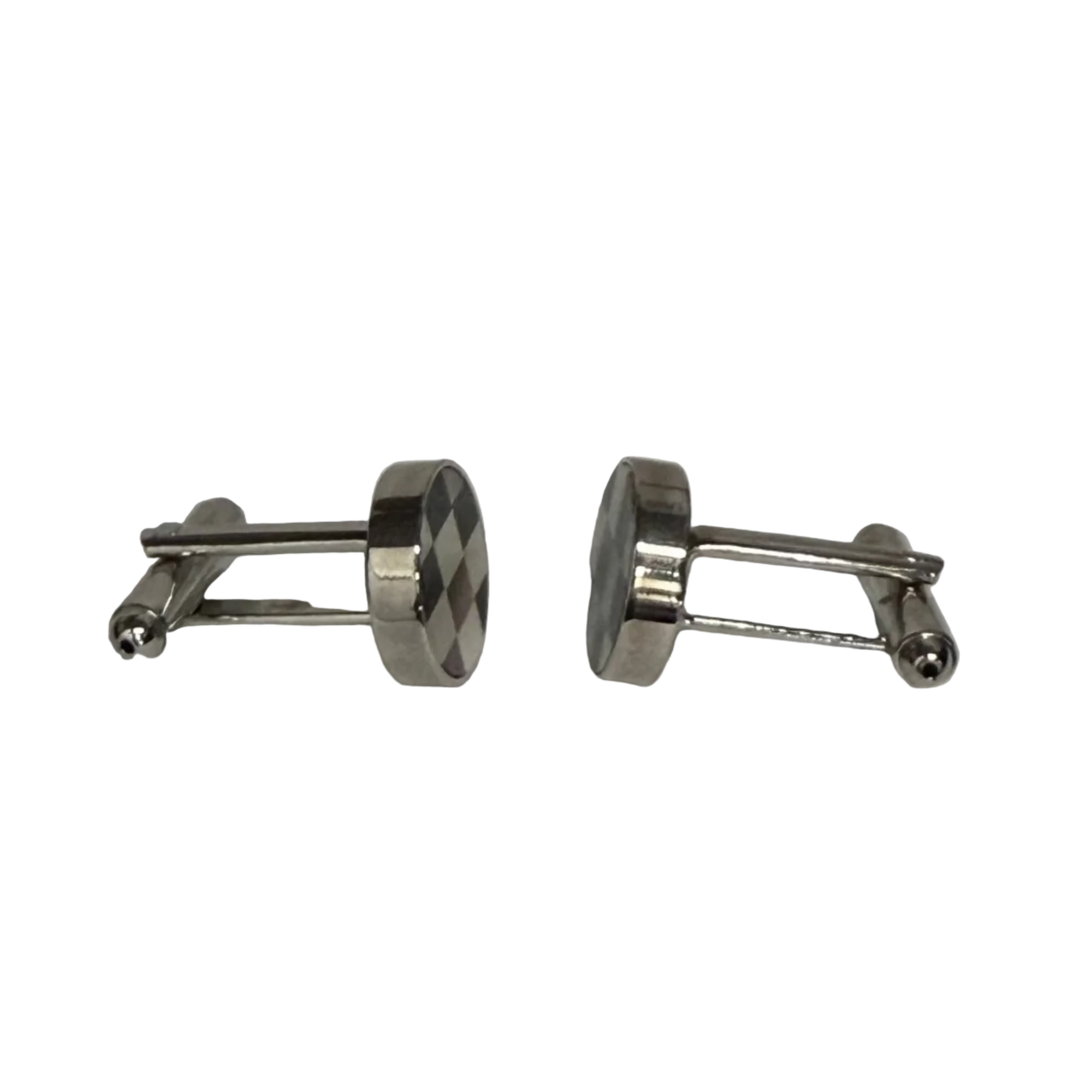 A pair of silver-toned metal cufflinks with oval faces, one showing a dark and light checkered pattern and the other showing a smooth polished finish, set against a plain light gray background.