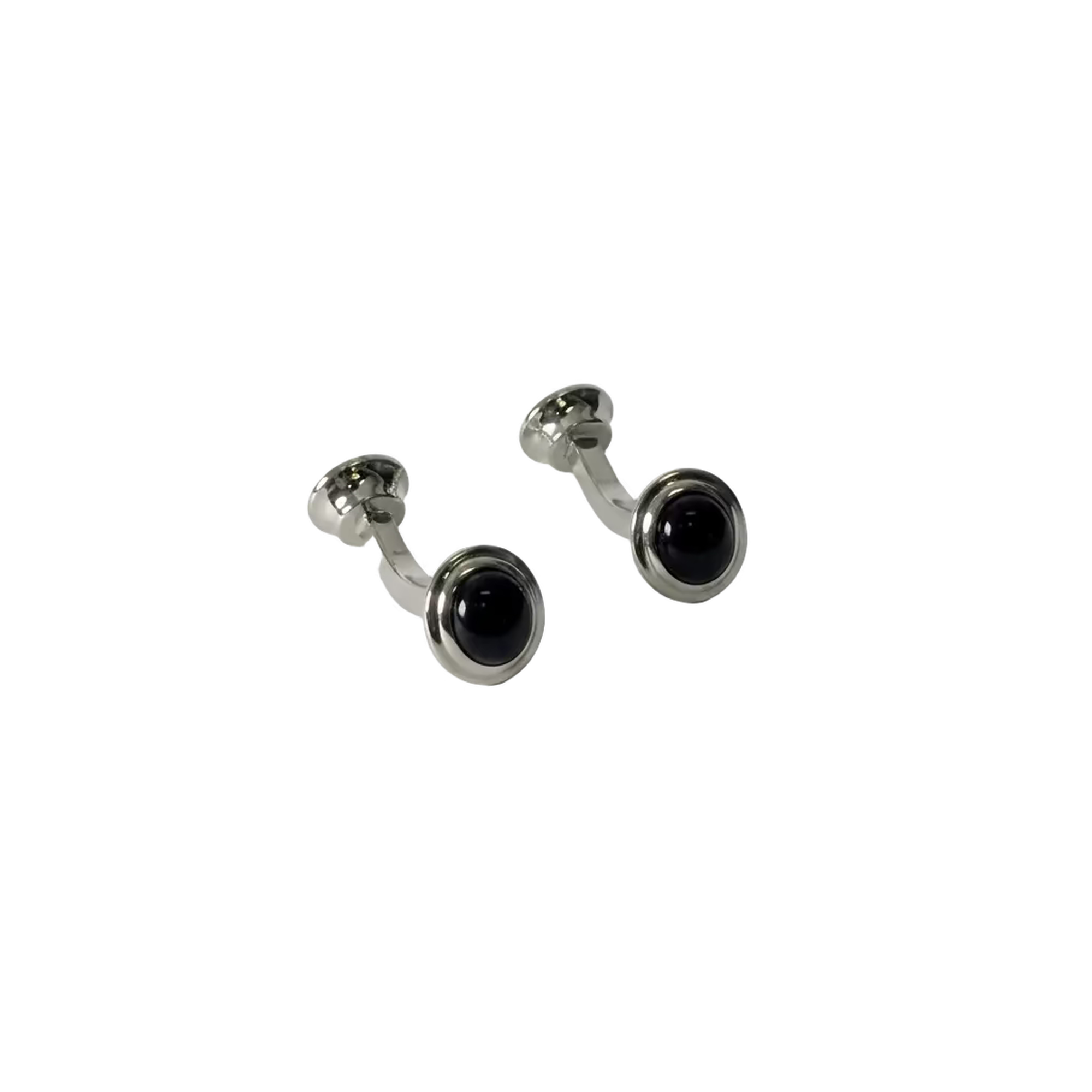 A pair of silver-toned curved barbell stud cufflinks with round brown carbon fiber 