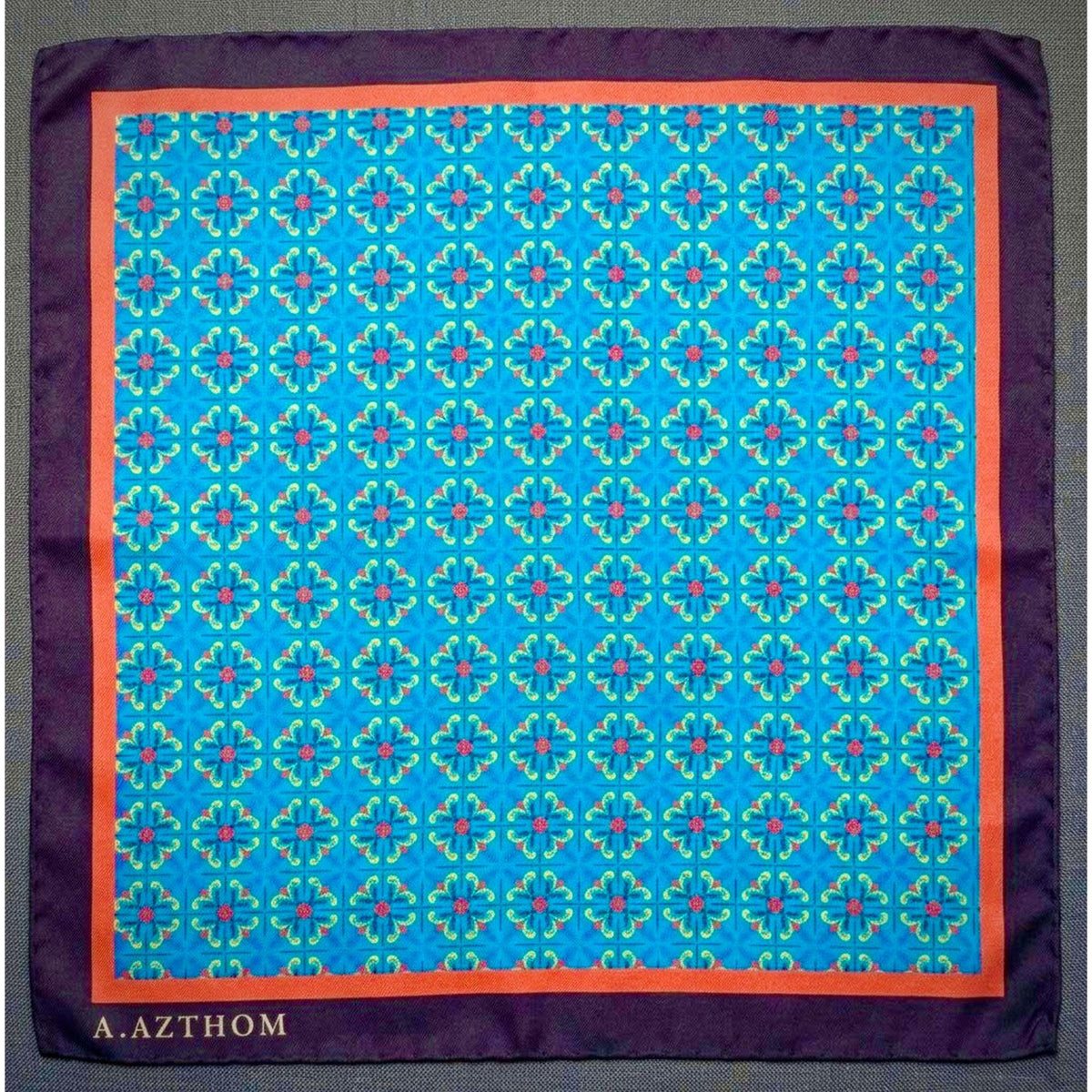 A.Azthom Peranakan Tile Motif Pocket Square –Orange and Cyan (32x32cm)