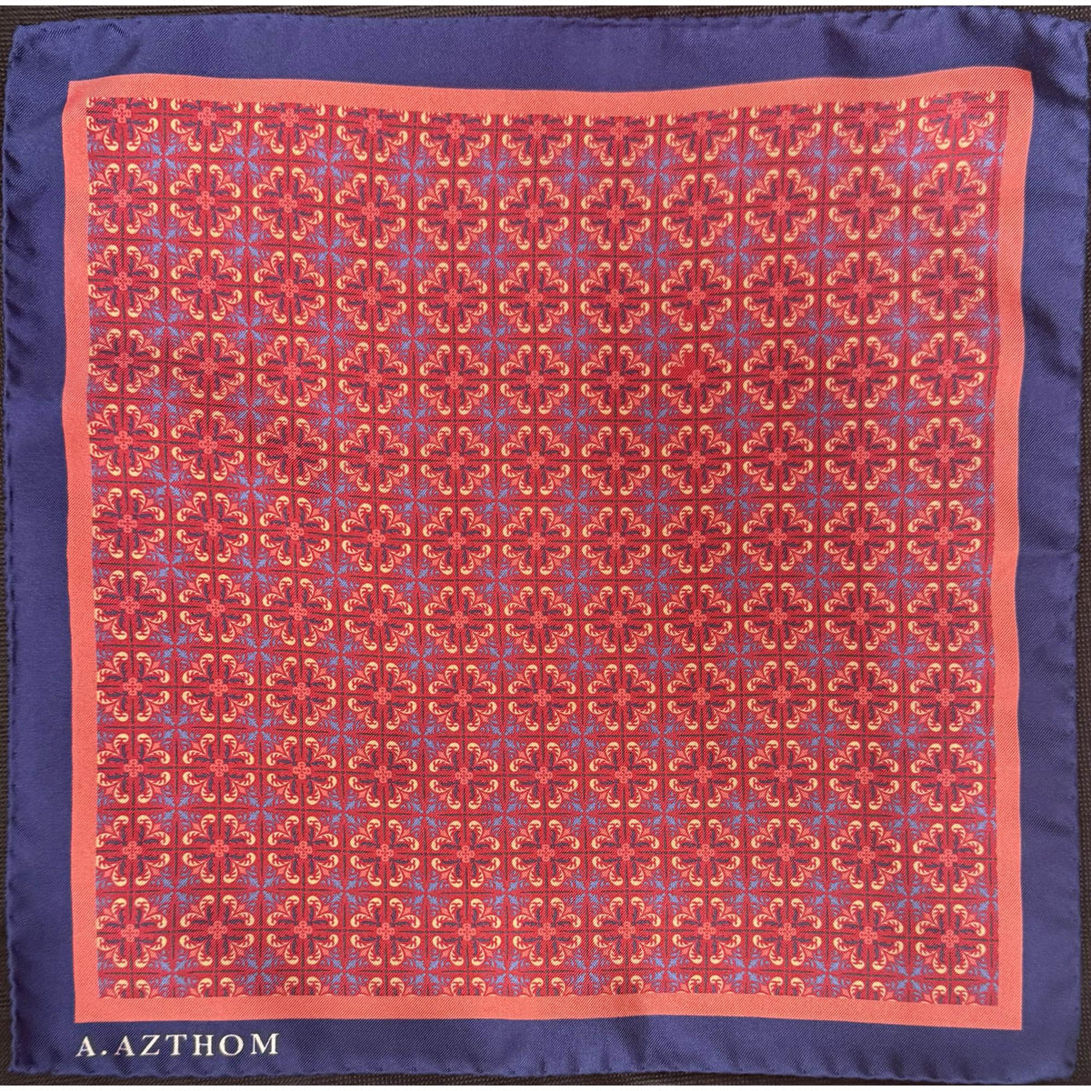 A.Azthom Peranakan Tile Motif Silk Pocket Square – Burgundy & Navy Border (32x32cm)