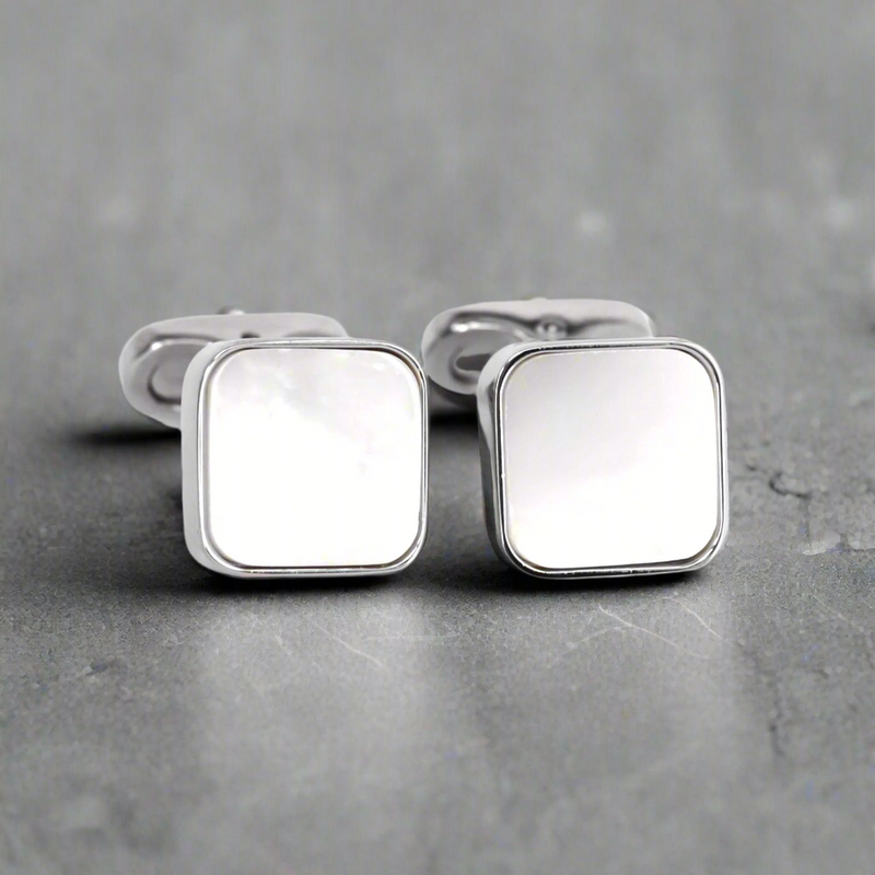 MonsterTie mother of pearl cufflinks - handcrafted square design with iridescent Mother of Pearl inlay.
