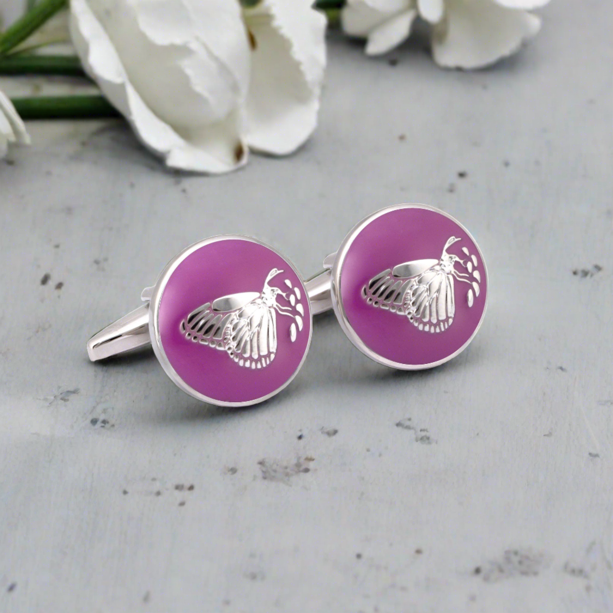 MarZthomson Botanic Series - Round Silver Butterfly Cufflinks in Purple