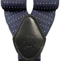 Orobianco red dot suspender featuring a navy design with white dots and durable leather detailing.