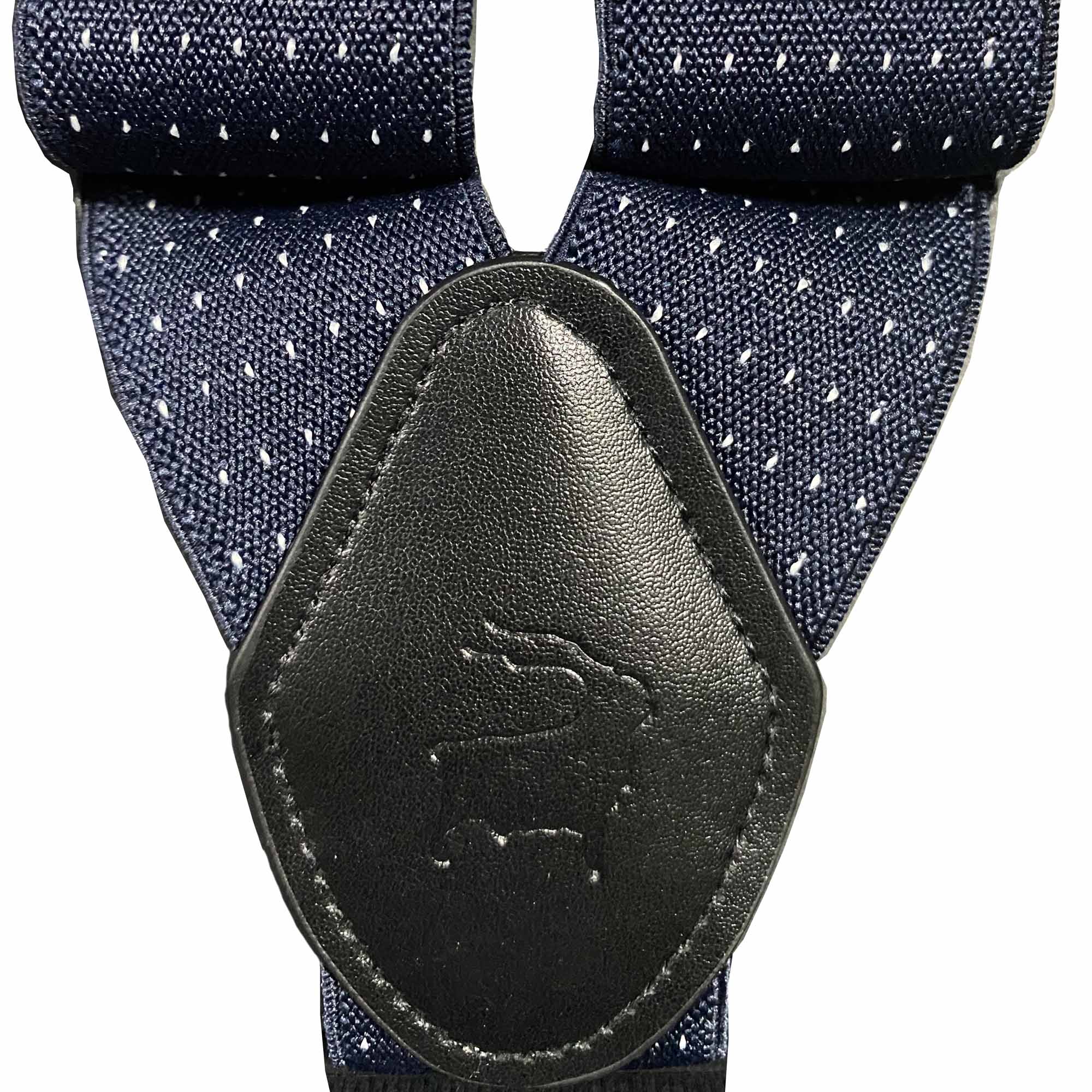 Orobianco red dot suspender featuring a navy design with white dots and durable leather detailing.