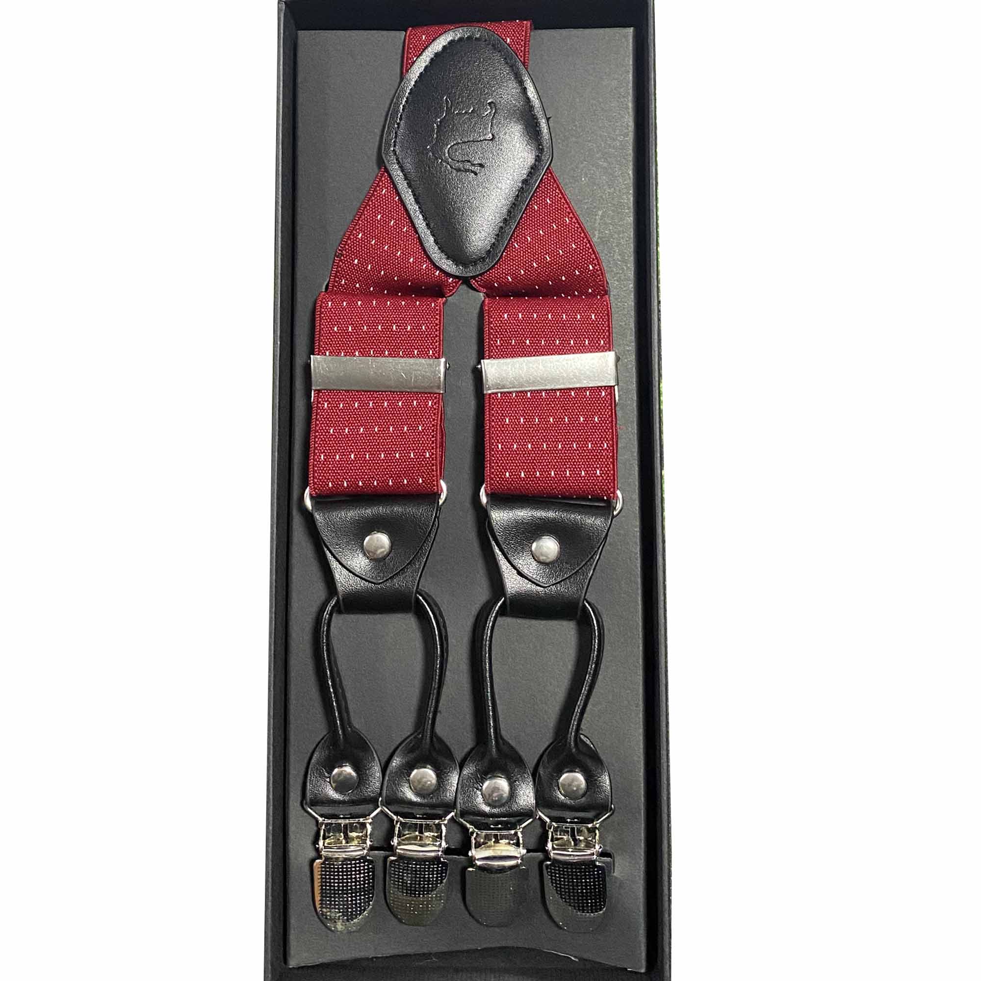 Orobianco red dot suspender in a stylish box, featuring red with white dots and durable clips for adjustable fit.