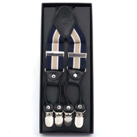 Orobianco stripe suspender in blue, white, and yellow stripe design, elegantly packaged in a black box.