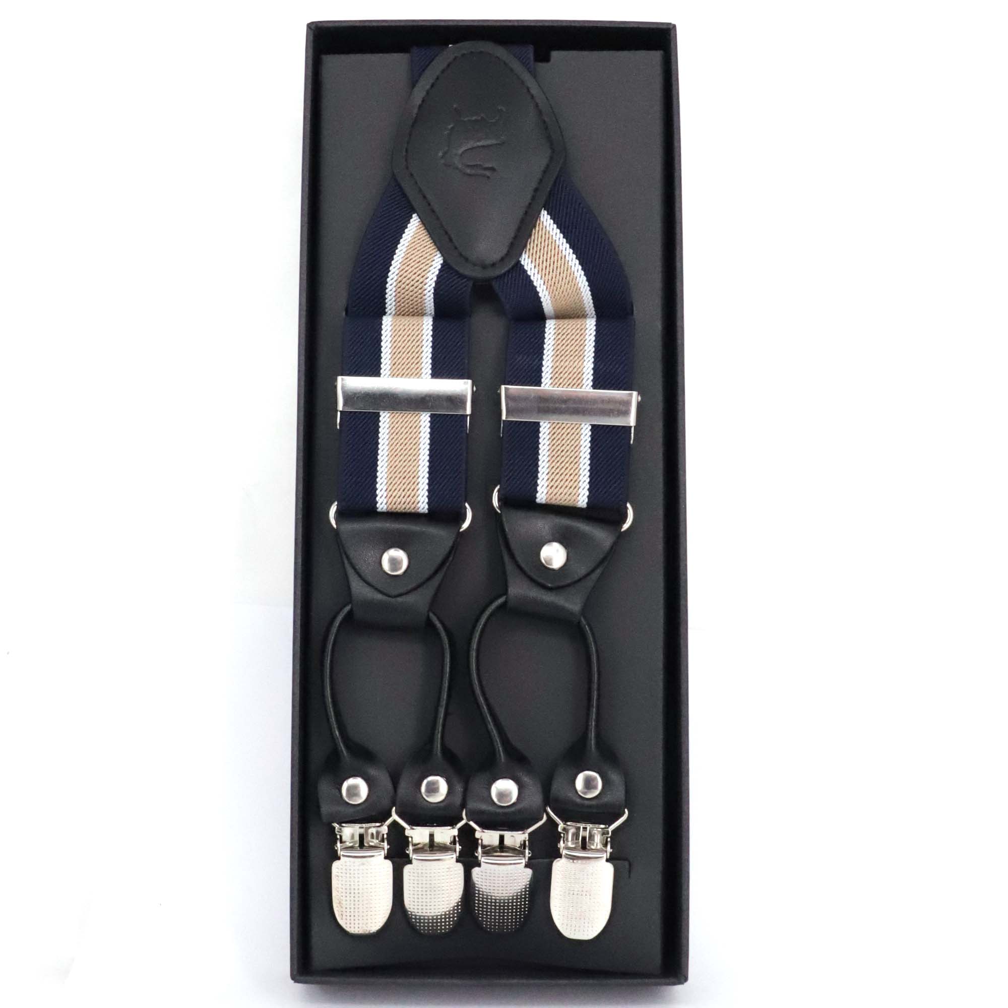 Orobianco stripe suspender in blue, white, and yellow stripe design, elegantly packaged in a black box.
