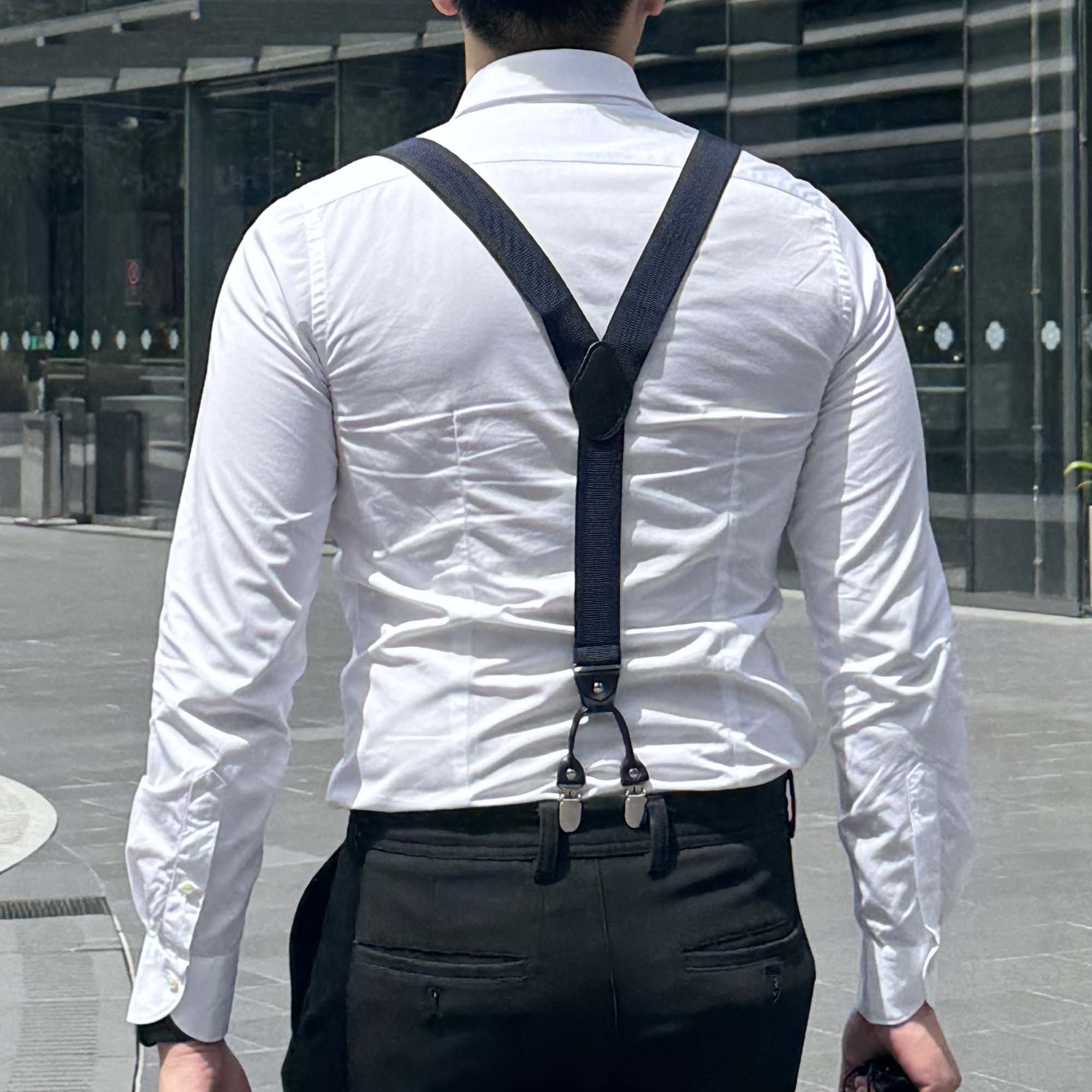 Orobianco stripe suspender worn by a man in a white shirt, showcasing the stylish blue, yellow, and white stripe design.