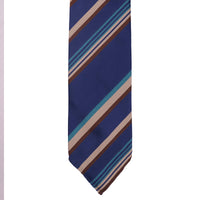 A striped necktie in brown, off white, light blue, and navy colors with a bar tack detail.