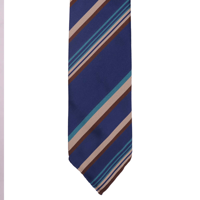 A striped necktie in brown, off white, light blue, and navy colors with a bar tack detail.