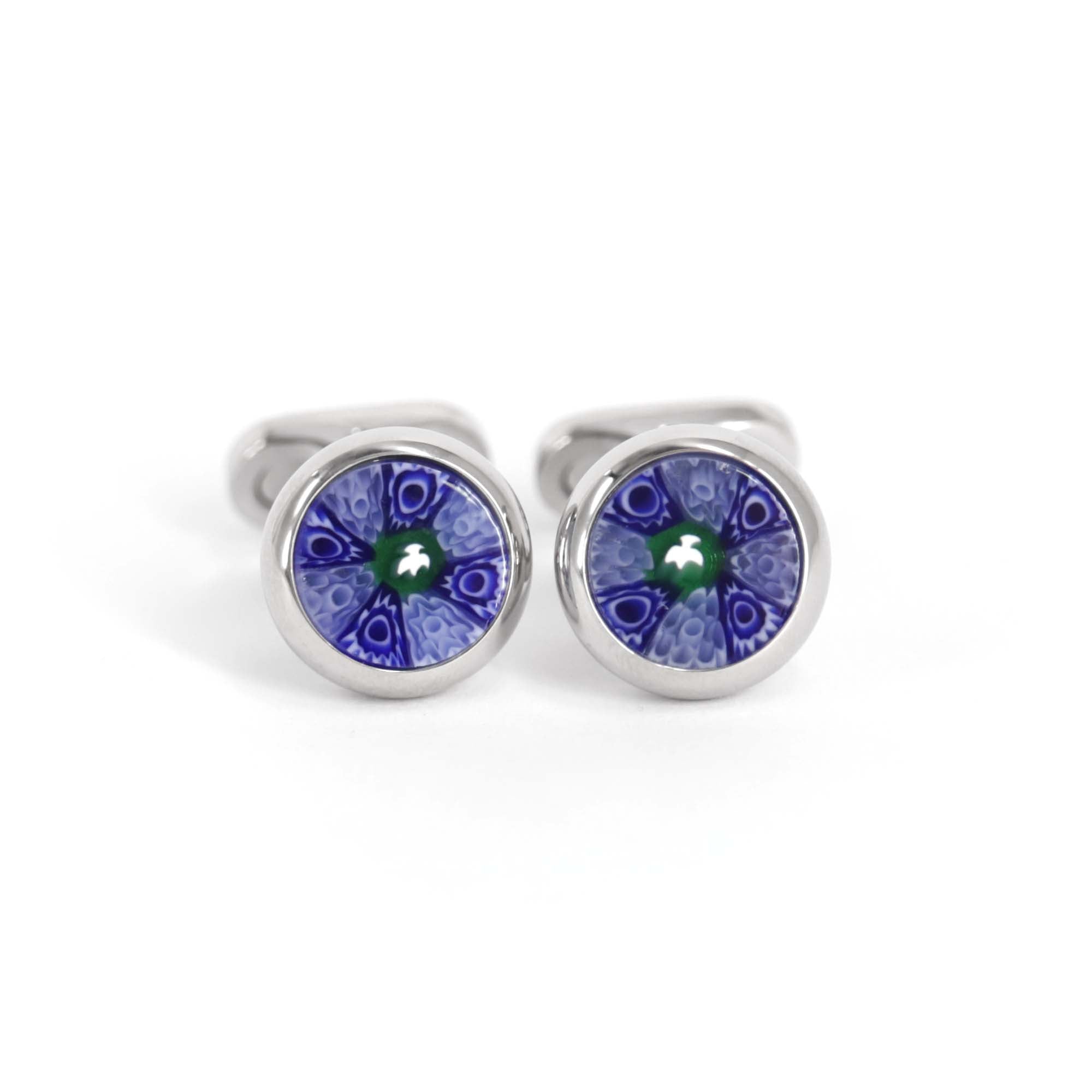 Unique TORCELLO Murano glass designer cufflinks featuring Millefiori pattern in vibrant blue and green colors.