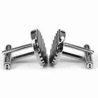 Black Horizontal Stripe Cufflinks showcasing silver and black enamel stripes, perfect for modern formal attire.